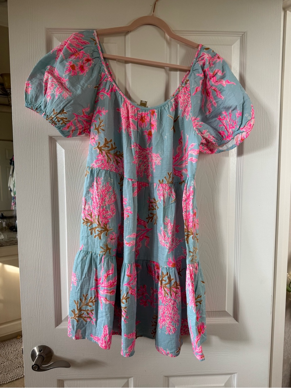 Lilly Pulitzer Light Blue Tiered Dress with Pink Coral Print